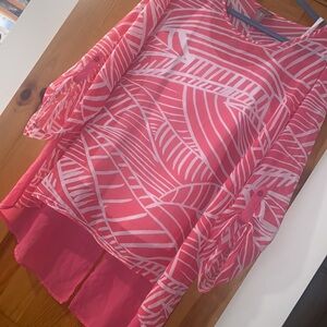 CHICO’S Semi Sheer Hot Pink Flowy Tunic Blouse Hi Low Qtr Sleeve 14 16
